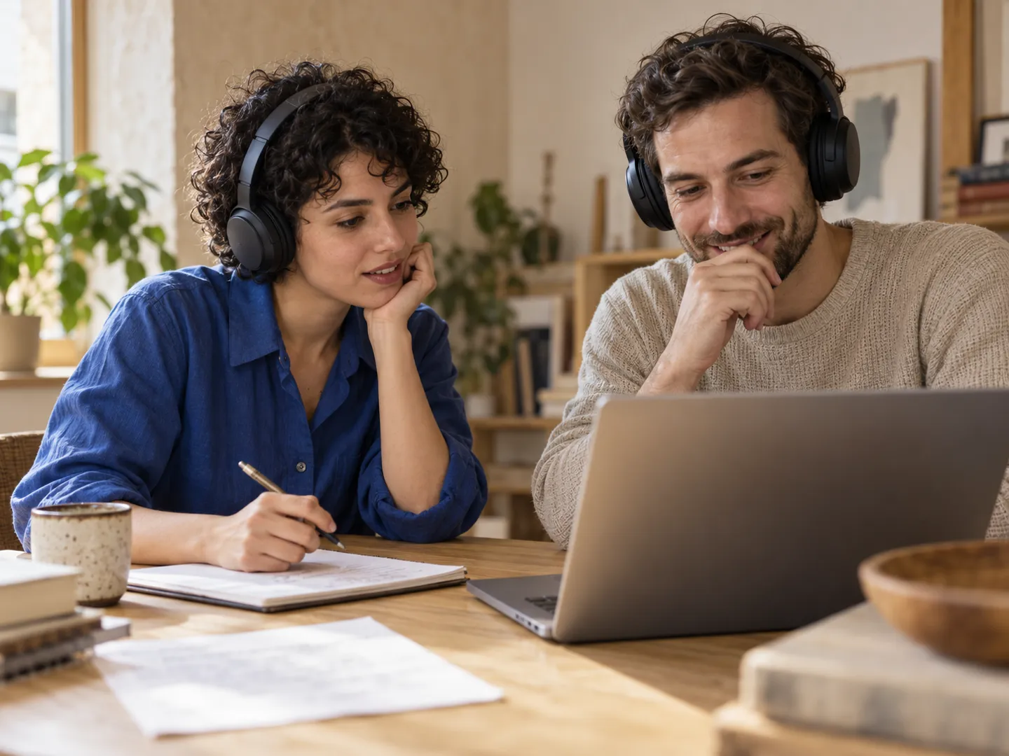 Illustrative scene of two creators listening to distinct character voices through headphones while reviewing a dialogue script.