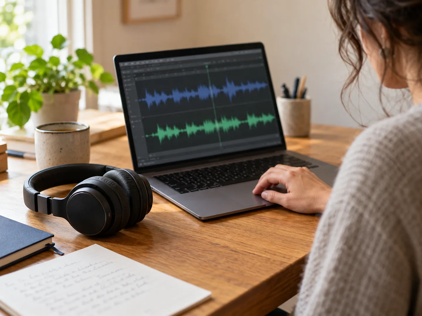 Illustrative scene of a creator using exported dialogue audio in an editing workflow, with a laptop and headphones.