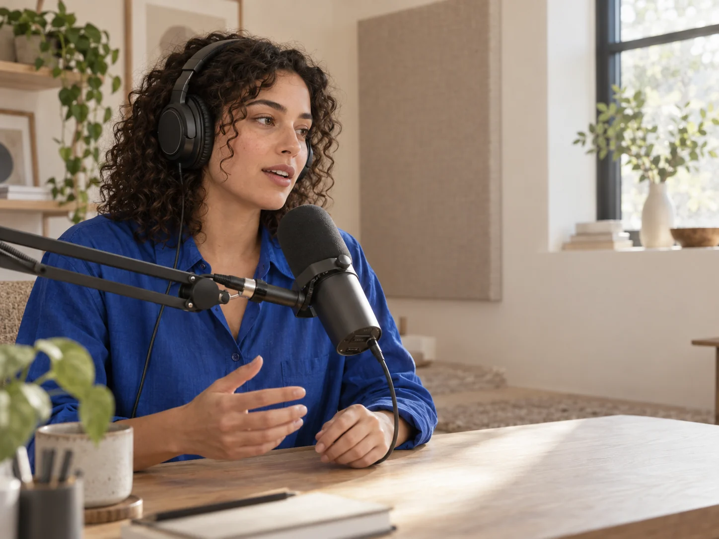 Voice cloning sample: a narrator recording clear speech with headphones and a microphone